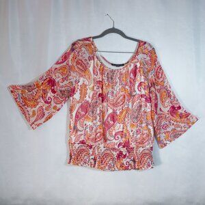 Harper 241 Womens Blouse Printed 3/4 Sleeves Top Elastic Hem Floral Coral Size L